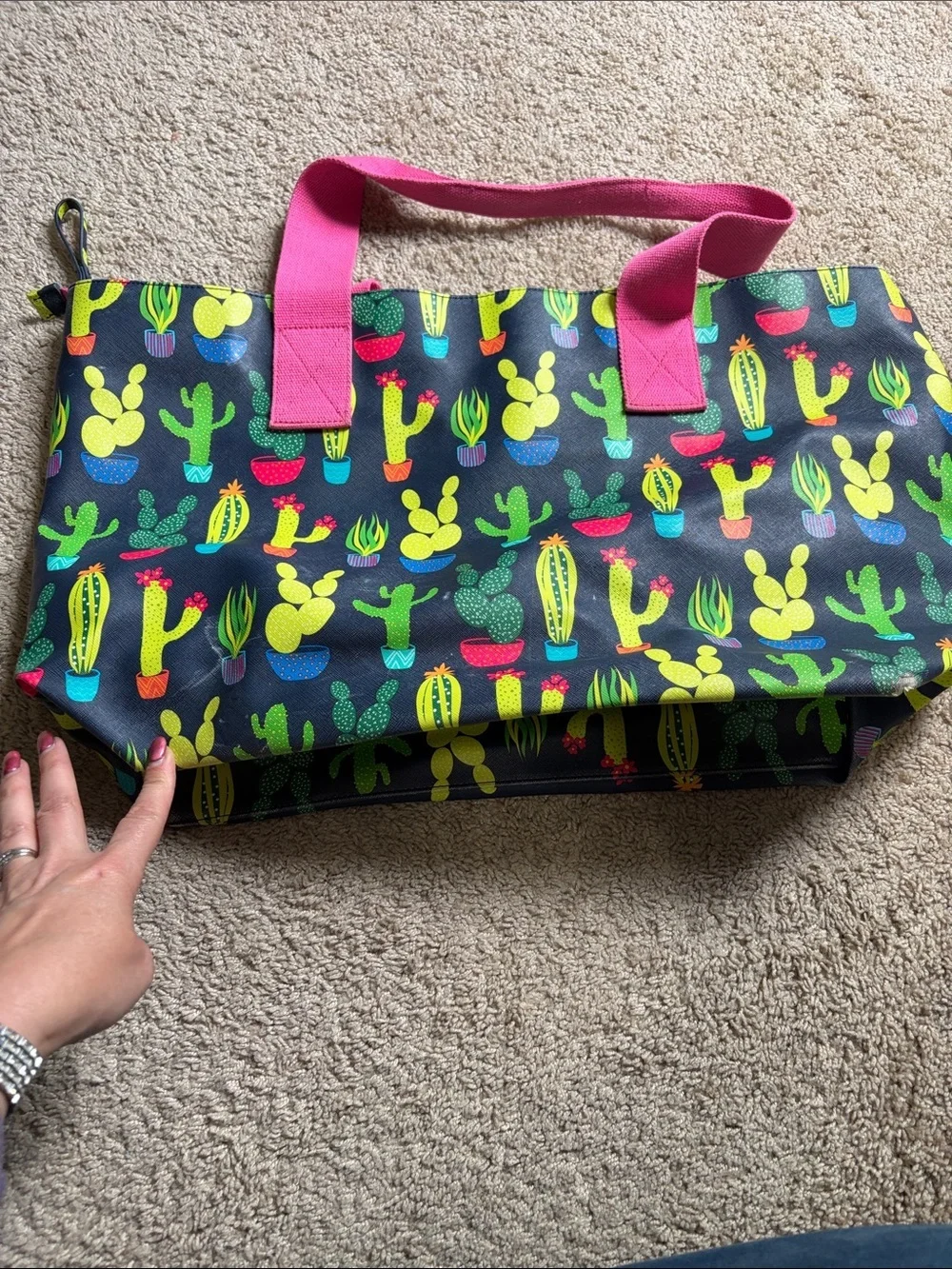 Dabney Lee Blue & Pink Cactus Zipper Top Tote Bag